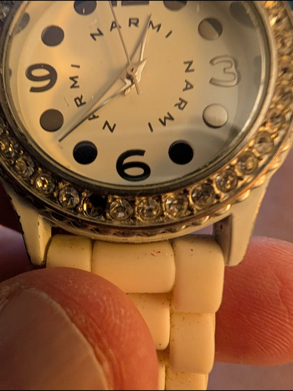 Vintage Narmi Crystal Bezel Silicone Strap Watch - White with Brand New Battery